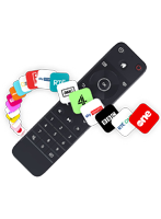 a picture of a tv remote surrounded by tv channels logos