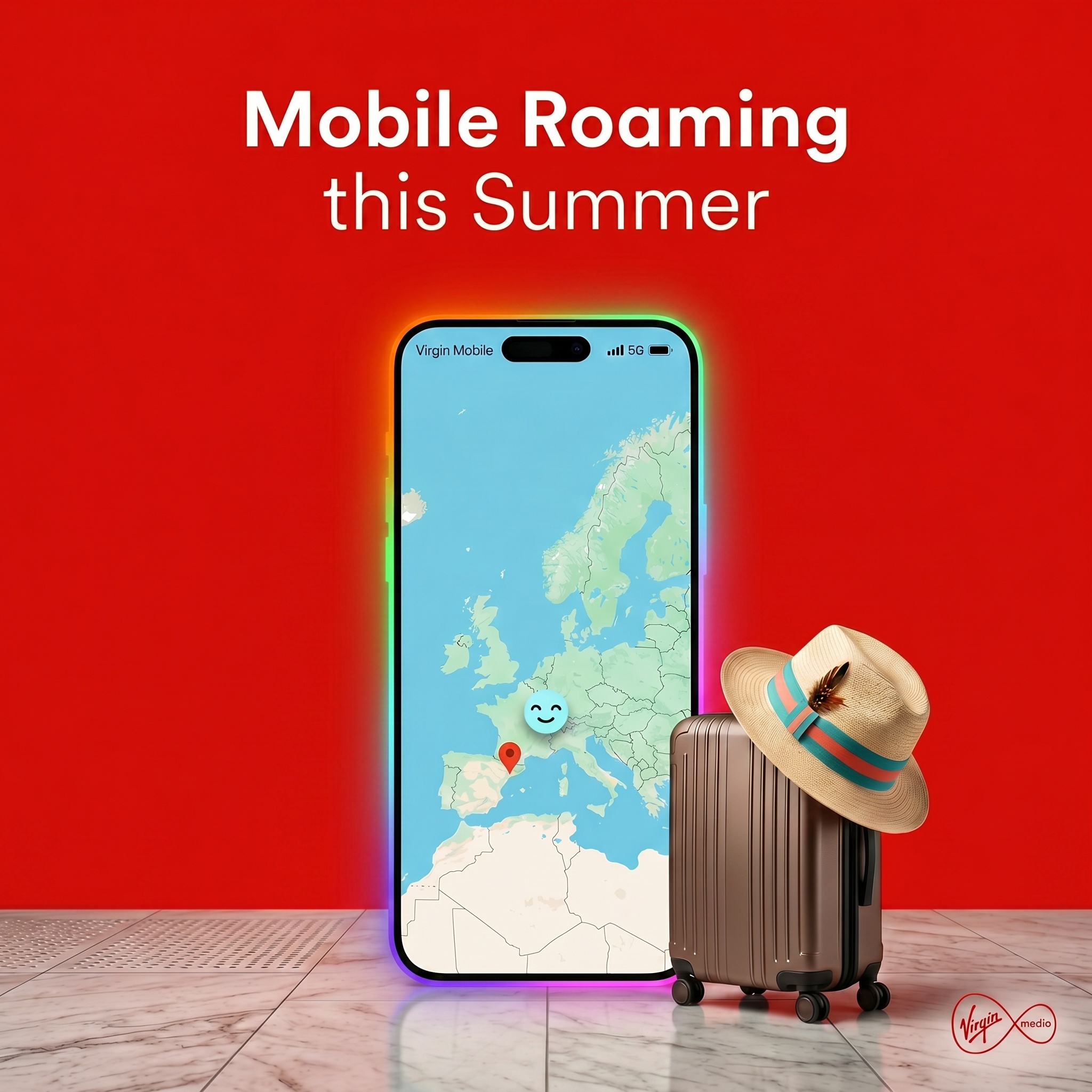 picture of a phone with a travel bag next to it wearing a hat