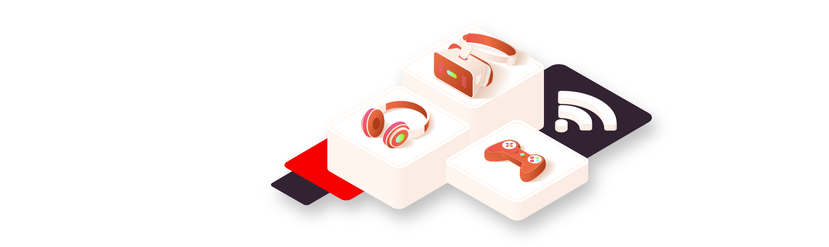 cartoon image of gaming devices such as controller headphones and vr set